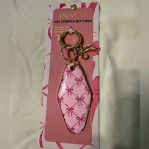 Piper & K Pink Bow Pattern Key & Bag Charm with Gold Hardware